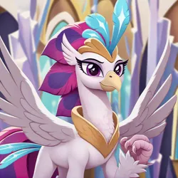 Size: 1224x1224 | Tagged: safe, ai content, derpibooru import, machine learning generated, prompter:dreaming dusk, stable diffusion, queen novo, classical hippogriff, hippogriff, my little pony: the movie, beak, bust, claw, feathered fetlocks, feathered wings, female, g4, generator:pony diffusion v6 xl, generator:purplesmart.ai, image, looking at you, peytral, png, portrait, purple eyes, smiling, solo, spread wings, wings