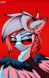 Size: 1080x1722 | Tagged: safe, artist:cmdrtempest, derpibooru import, oc, oc:vvensual99, unofficial characters only, pegasus, pony, female, image, looking back, mare, png, red background, simple background, solo, sunglasses, wings