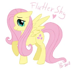 Size: 1000x1000 | Tagged: safe, artist:xlilacnialldoex, derpibooru import, fluttershy, pegasus, pony, 2012, female, heart, image, looking at you, mare, name, png, raised hoof, signature, simple background, smiling, solo, spread wings, text, white background, wings, wrong cutie mark