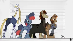 Size: 1280x727 | Tagged: safe, artist:megalura, derpibooru import, oc, unofficial characters only, cockroach, earth pony, insect, pegasus, pony, unicorn, fallout equestria, clothes, coat, female, height difference, image, long legs, male, mare, png, size chart, size comparison, stallion, tall