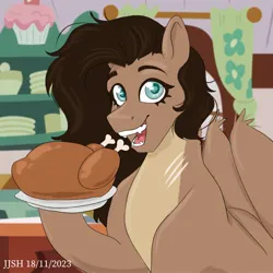 Size: 2048x2048 | Tagged: safe, artist:jjsh, derpibooru import, oc, oc:jennifer jones stars, unofficial characters only, pegasus, pony, birthmark, blue eyes, bone, chicken meat, cupcake, cute, fangs, female, fluffy, food, fried chicken, happy, high res, holding, hoof hold, image, jpeg, kitchen, long hair, long mane, looking at you, mare, meat, open mouth, plate, ponies eating meat, scar, sitting, smiling, smiling at you, solo, teeth, wings