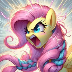 Size: 1024x1024 | Tagged: safe, ai content, derpibooru import, machine learning generated, prompter:bracks26, fluttershy, pegasus, pony, alternate hairstyle, badass, braid, braided pigtails, female, flutterbadass, flutterrage, generator:dall-e 3, image, jpeg, mare, pigtails, ponytail, solo, sparks, war face