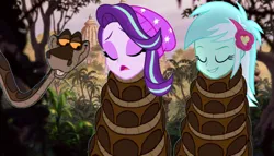 Size: 1280x733 | Tagged: safe, artist:tyriuskishayinew16, derpibooru import, lyra heartstrings, starlight glimmer, human, snake, equestria girls, eyes closed, female, flower, flower in hair, forest, grin, hat, humanized, hypnosis, hypnotized, image, jpeg, jungle, kaa, male, nature, sleeping, smiling, tree, trio