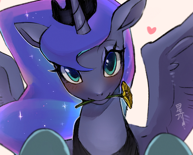 Size: 1340x1073 | Tagged: safe, artist:hosikawa, derpibooru import, princess luna, alicorn, pony, blushing, cute, female, flower, flower in mouth, g4, heart, image, jpeg, looking at you, lunabetes, mare, mouth hold, offscreen character, pov, simple background, solo, spread wings, white background, wings