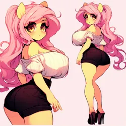 Size: 1024x1024 | Tagged: safe, ai content, derpibooru import, machine learning generated, fluttershy, anthro, adorasexy, bare shoulders, big breasts, breasts, busty fluttershy, butt, clothes, curvy, cute, female, flutterbutt, g4, generator:dall-e 3, high heels, hourglass figure, huge breasts, image, large butt, long hair, looking at you, looking back, looking back at you, midriff, no tail, png, prompter:horselover fat, rear view, rearboob, sexy, shoes, short shirt, shorts, shoulderless, side view, sideboob, simple background, solo, strapless, tight clothing, wasp waist, wide hips, wingless, wingless anthro