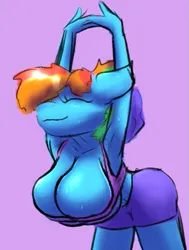 Size: 533x705 | Tagged: suggestive, artist:ismyaltaccount, derpibooru import, rainbow dash, anthro, big breasts, breast overpour, breasts, clothes, colored sketch, curvy, image, leaning forward, pink background, png, simple background, sketch, skindentation, stretching, sweat, tight clothing