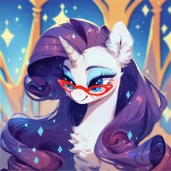 Size: 1024x1024 | Tagged: safe, ai content, derpibooru import, machine learning assisted, machine learning generated, stable diffusion, rarity, pony, unicorn, beautiful, big eyes, blue eyes, blushing, cute, diamond, ear fluff, eyeshadow, fluffy, g4, generator:pony diffusion v6 xl, generator:purplesmart.ai, glasses, image, jpeg, long hair, long mane, makeup, prompter:saltyvity, purple mane, smiley face, smiling, solo, sparkles
