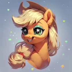 Size: 1024x1024 | Tagged: safe, ai content, derpibooru import, machine learning assisted, machine learning generated, stable diffusion, applejack, earth pony, pony, applejack's hat, beautiful, cowboy hat, cute, ear fluff, eyeshadow, fluffy, g4, generator:purplesmart.ai, green eyes, happy, happy face, hat, image, jpeg, makeup, prompter:saltyvity, simple background, smiley face, smiling, solo, sparkles, starry eyes, stars, wingding eyes, yellow mane