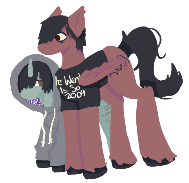 Size: 1444x1396 | Tagged: safe, artist:clandestine, derpibooru import, ponified, pegasus, pony, unicorn, clothes, emo, eyeliner, fall out boy, hoodie, image, makeup, messy tail, pete wentz, png, scar, self harm, self harm scars, shirt, simple background, skrillex, t-shirt, tail, transparent background, wings