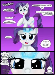 Size: 1280x1761 | Tagged: safe, artist:lennondash, derpibooru import, part of a set, rarity, unicorn, close-up, comic, dialogue, extreme close up, eyeshadow, image, jpeg, looking at you, makeup, part of a series, solo, talking to viewer