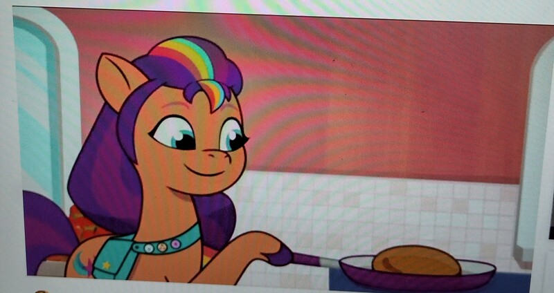 Size: 3000x1589 | Tagged: safe, derpibooru import, screencap, sunny starscout, g5, my little pony: tell your tale, spoiler:g5, bag, crystal brighthouse, cute, cutie mark, food, image, jpeg, mane stripe sunny, pancakes, photo, picture of a screen, saddle bag, sunnybetes