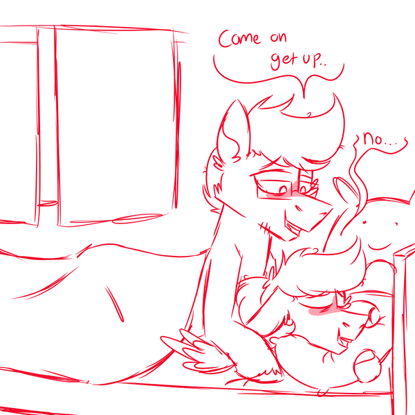 Size: 900x900 | Tagged: safe, artist:fuckomcfuck, derpibooru import, oc, oc:doodles, oc:joystick, earth pony, pegasus, pony, bed, glasses, image, pillow, plushie, png, simple background, speech bubble, white background