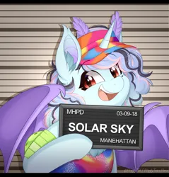 Size: 994x1038 | Tagged: safe, artist:higgly-chan, derpibooru import, oc, oc:solar sulfure, unofficial characters only, bat pony, insect, moth, mothpony, original species, pony, unicorn, antennae, badge, barbie, barbie (film), barbie mugshot meme, bat wings, beauty mark, bust, chest fluff, clothes, con badge, ear fluff, elbow pads, fangs, female, half body, happy, hat, holding, hybrid oc, image, line-up, looking at you, meme, mugshot, png, portrait, raised hoof, solo, tanktop, visor, wings