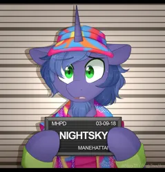 Size: 991x1038 | Tagged: safe, artist:higgly-chan, derpibooru import, oc, oc:nightsky, unofficial characters only, pony, unicorn, badge, barbie, barbie (film), barbie mugshot meme, beard, bust, clothes, con badge, eye clipping through hair, facial hair, half body, hat, holding, image, jacket, looking at you, male, meme, mugshot, nervous, png, portal, scared, shirt, solo, stallion, sweat, sweatdrop, t-shirt, visor, wristband