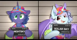 Size: 2000x1038 | Tagged: safe, artist:higgly-chan, derpibooru import, oc, oc:nightsky, oc:solar sulfure, unofficial characters only, bat pony, insect, moth, mothpony, original species, pony, unicorn, antennae, badge, barbie, barbie (film), barbie mugshot meme, bat wings, beard, beauty mark, bust, chest fluff, clothes, con badge, duo, duo male and female, ear fluff, elbow pads, eye clipping through hair, facial hair, fangs, female, floppy ears, half body, happy, hat, holding, hybrid oc, image, jacket, line-up, looking at you, male, meme, mugshot, nervous, png, portal, portrait, raised hoof, scared, shirt, stallion, sweat, sweatdrop, t-shirt, tanktop, visor, wings, wristband