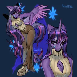 Size: 2048x2048 | Tagged: suggestive, artist:kisullkaart, derpibooru import, twilight sparkle, twilight sparkle (alicorn), alicorn, anthro, blue background, boob window, breasts, busty twilight sparkle, clothes, facial markings, female, image, pants, platform shoes, png, signature, simple background, solo, solo female, sweater vest