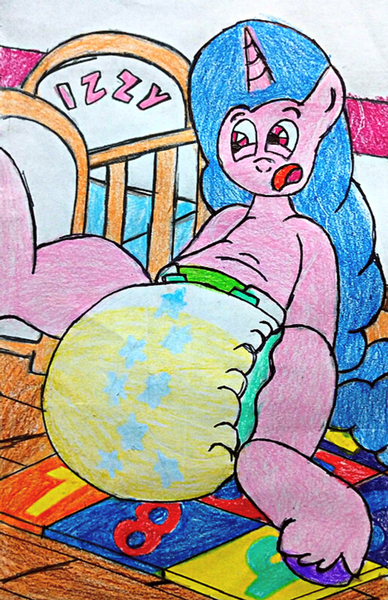 Size: 2001x3097 | Tagged: questionable, alternate version, artist:bitter sweetness, derpibooru import, izzy moonbow, pony, unicorn, g5, my little pony: a new generation, my little pony: make your mark, my little pony: tell your tale, abdl, adult foal, crib, diaper, diaper fetish, fetish, image, non-baby in diaper, open mouth, pissing, playmat, png, poofy diaper, traditional art, urine, wet diaper, wetting, wetting diaper