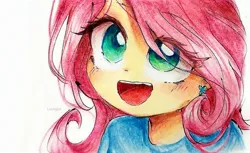 Size: 2448x1496 | Tagged: safe, artist:liaaqila, derpibooru import, fluttershy, cute, eye clipping through hair, image, jpeg, open mouth, open smile, shyabetes, smiling, solo, traditional art