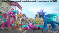 Size: 600x338 | Tagged: safe, derpibooru import, edit, edited screencap, screencap, spike, dragon, g5, my little pony: make your mark, spoiler:g5, spoiler:my little pony: make your mark, spoiler:my little pony: make your mark chapter 6, spoiler:mymc06e02, animated, blaize skysong, dragoness, female, fountain (g5), gif, image, luxxe, male, my little pony: make your mark chapter 6, roots of all evil