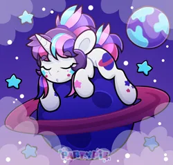 Size: 4000x3824 | Tagged: safe, artist:partypievt, derpibooru import, oc, oc:party pie, pony, unicorn, cloud, eyebrows, eyebrows visible through hair, eyes closed, image, lying down, macro, planet, png, ponytail, sleeping, solo, space, stars, vtuber