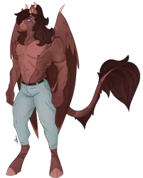 Size: 2036x2533 | Tagged: safe, artist:trashpanda czar, derpibooru import, oc, oc:david mane, unofficial characters only, anthro, hybrid, anthro oc, clothes, cloven hooves, denim, ear piercing, horns, hybrid oc, image, jeans, long tail, male, muscles, pants, piercing, png, prehensile tail, scar, sideburns, simple background, tail, transparent background, wings