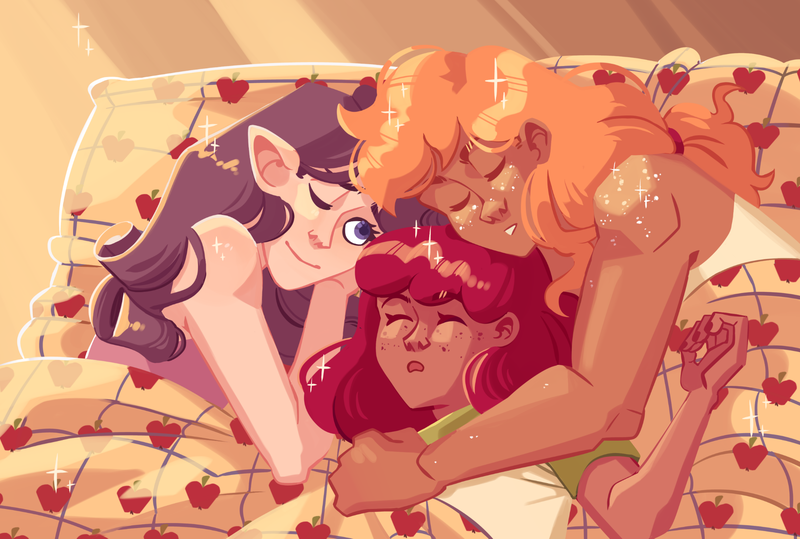 Size: 2048x1380 | Tagged: safe, artist:chernyskaaa, artist:irisikiki, derpibooru import, apple bloom, applejack, rarity, human, apple sisters, bed, elf ears, eyes closed, female, freckles, g4, humanized, image, lesbian, light skin, on bed, one eye closed, png, rarijack, shipping, shoulder freckles, siblings, sisters, sleeping, smiling, tan skin, trio, wholesome