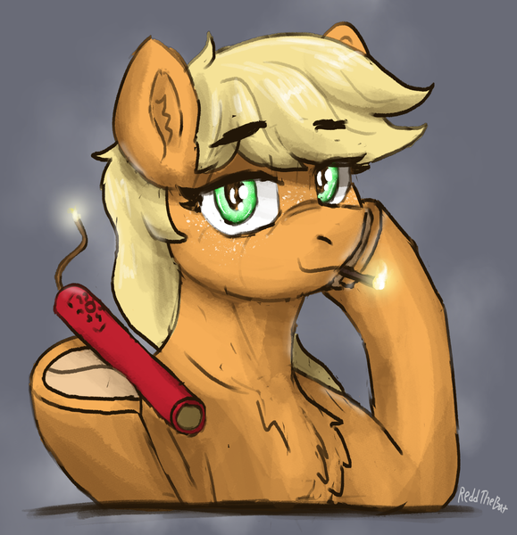 Size: 1530x1585 | Tagged: safe, artist:reddthebat, derpibooru import, applejack, earth pony, pony, bust, chest fluff, dynamite, ear fluff, explosives, eyebrows, eyebrows visible through hair, female, fire, frog (hoof), gray background, hatless, hoof hold, image, lidded eyes, looking at you, mare, match, missing accessory, png, simple background, smiling, smiling at you, solo, underhoof