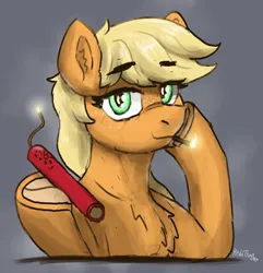 Size: 1530x1585 | Tagged: safe, artist:reddthebat, derpibooru import, applejack, earth pony, pony, bust, chest fluff, dynamite, ear fluff, explosives, eyebrows, eyebrows visible through hair, female, fire, frog (hoof), gray background, hatless, hoof hold, image, lidded eyes, looking at you, mare, match, missing accessory, png, simple background, smiling, smiling at you, solo, underhoof