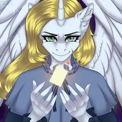 Size: 2048x2048 | Tagged: safe, alternate version, artist:enderbee, derpibooru import, oc, oc:graceful charity, unofficial characters only, alicorn, anthro, alicorn oc, bedroom eyes, blonde, card, clothes, dramatic lighting, drawstrings, dress, glare, glow, green eyes, high res, horn, image, lighting, looking at you, png, raised hand, shawl, smiling, smirk, spread wings, wings, yu-gi-oh!