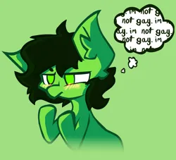 Size: 3406x3096 | Tagged: safe, artist:foxtrnal, derpibooru import, oc, oc:anonfilly, unofficial characters only, earth pony, pony, blushing, cel shading, denial, ear fluff, female, filly, green background, green eyes, image, png, shading, simple background, thinking, thought bubble