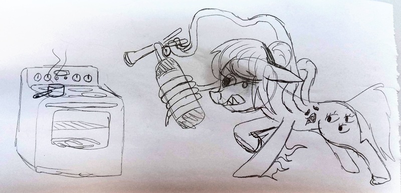 Size: 3767x1816 | Tagged: safe, artist:dhm, derpibooru import, oc, oc:thingpone, pony, fire extinguisher, image, jpeg, monochrome, sketch, solo, stove, traditional art