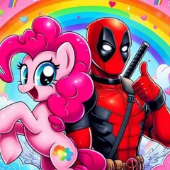 Size: 720x720 | Tagged: safe, ai content, derpibooru import, machine learning generated, pinkie pie, earth pony, deadpool, image, jpeg, marvel, rainbow