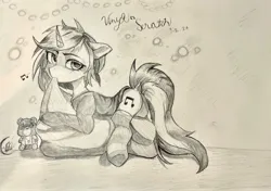 Size: 2803x1972 | Tagged: safe, derpibooru import, dark moon, graphite, vinyl scratch, pony, unicorn, blanket, clothes, cushion, cutie mark, detailed, fairy lights, female, image, jpeg, kanye west, lying down, mare, plushie, socks, sweater, thigh highs, traditional art, voh (artist)