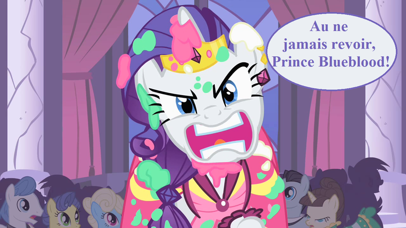 Size: 1280x720 | Tagged: safe, derpibooru import, edit, edited screencap, editor:korora, screencap, eclair créme, fine line, jangles, lyrica lilac, maxie, orion, rarity, shooting star (character), the best night ever, angry, canterlot castle interior, clothes, covered in cake, dress, ear piercing, earring, french, gala dress, grand galloping gala, image, implied prince blueblood, jewelry, offscreen character, piercing, png, rarity is not amused, saddle, speech bubble, tack, tiara, translated in the description, unamused