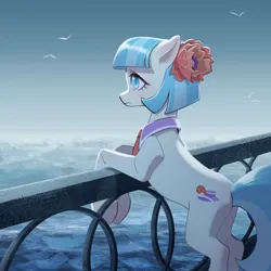 Size: 1280x1280 | Tagged: safe, artist:styarema, derpibooru import, coco pommel, earth pony, pony, butt, depressed, female, image, jpeg, mare, necktie, ocean, plot, sad, solo, water