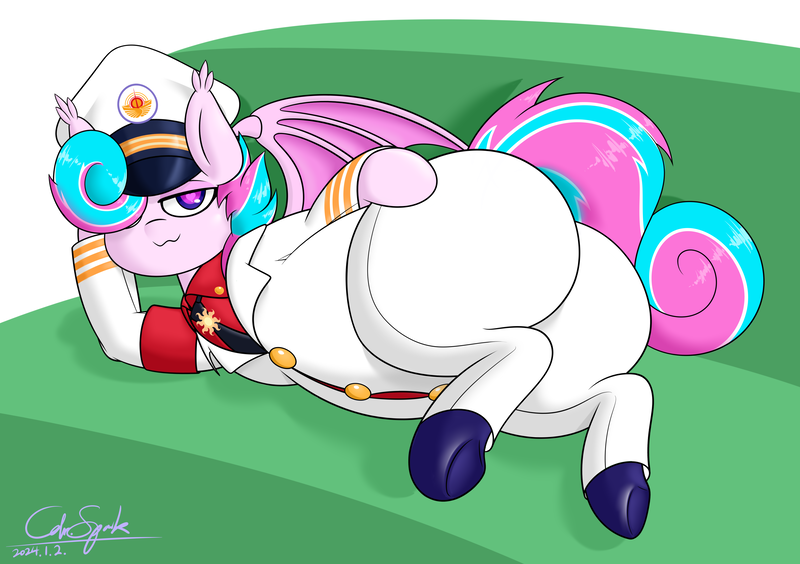 Size: 4400x3100 | Tagged: suggestive, artist:cdrspark, derpibooru import, oc, oc:sweetie swirl, unofficial characters only, bat pony, arm warmers, belly, big belly, bottom heavy, butt touch, chubby, clothes, femboy, heart, heart eyes, hoof on butt, image, large butt, lying down, male, military uniform, on couch, one eye covered, owo, png, rubber boots, side, solar empire, solo, solo male, uniform, wingding eyes