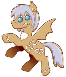 Size: 567x660 | Tagged: safe, artist:redxbacon, derpibooru import, oc, oc:distraction, bat pony, :<, bat pony oc, bat wings, commission, ear fluff, gingerbread (food), image, partial heterochromia, png, simple background, transparent background, wings, ych result