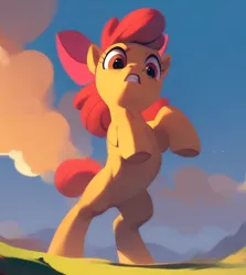 Size: 3216x3601 | Tagged: safe, ai content, derpibooru import, machine learning generated, apple bloom, earth pony, pony, angry, belly, blank flank, bow, cloud, female, filly, foal, giant pony, grass, grass field, image, jpeg, looking at you, looking down, low angle, macro, rearing, serious, sky, solo, upscaled