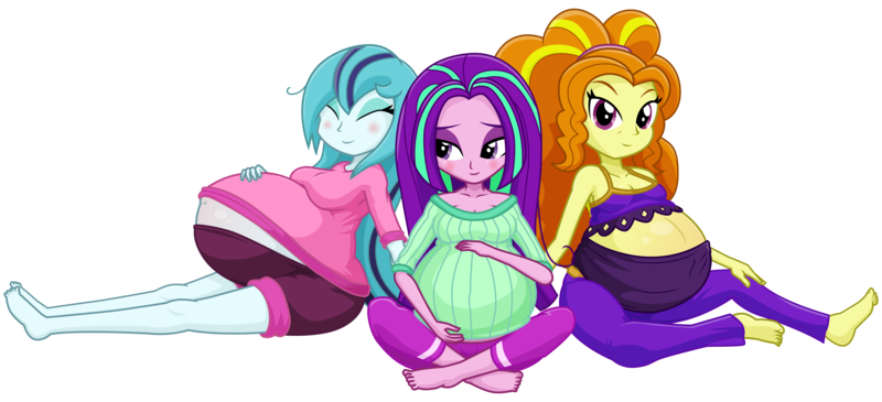 Size: 13800x6300 | Tagged: safe, artist:xniclord789x, derpibooru import, adagio dazzle, aria blaze, sonata dusk, human, equestria girls, barefoot, belly, belly band, belly blush, big belly, blushing, breasts, cleavage, clothes, feet, g4, group shot, image, looking at you, pajamas, png, pregnant, simple background, the dazzlings, transparent background, trio