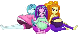 Size: 13800x6300 | Tagged: safe, artist:xniclord789x, derpibooru import, adagio dazzle, aria blaze, sonata dusk, human, equestria girls, barefoot, belly, belly band, belly blush, big belly, blushing, breasts, cleavage, clothes, feet, g4, group shot, image, looking at you, pajamas, png, pregnant, simple background, the dazzlings, transparent background, trio
