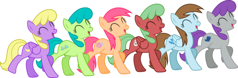 Size: 18092x5927 | Tagged: safe, artist:starryshineviolet, derpibooru import, edit, blue buck, cinnamon swirl, deep blue, green jewel, tropical spring, welly, earth pony, pegasus, pony, magical mystery cure, a true true friend, absurd resolution, background pony, conga line, crescent doo, dancing, group, group shot, image, png, simple background, transparent background, vector
