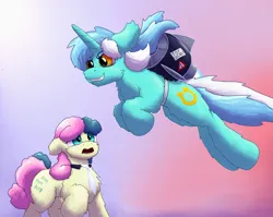 Size: 2459x1958 | Tagged: safe, artist:gosha305, derpibooru import, bon bon, lyra heartstrings, sweetie drops, earth pony, pony, unicorn, cheek fluff, clothes, d:, duo, duo female, ear fluff, female, floppy ears, flying, full body, g4, gradient background, horn, image, implied shipping, jetpack, lesbian, looking at someone, lyrabon, multicolored hair, necktie, oh no, open mouth, png, secret agent sweetie drops, shipping, smiling, smirk