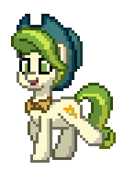 Size: 180x248 | Tagged: safe, derpibooru import, pistachio, earth pony, pony, pony town, animated, gif, hat, image, male, neckerchief, pixel art, simple background, solo, sprite, stallion, transparent background, trotting