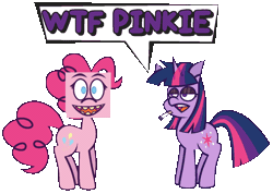 Size: 1200x853 | Tagged: safe, artist:threetwotwo32232, derpibooru import, pinkie pie, twilight sparkle, earth pony, pony, unicorn, animated, cigarette, clown, clown nose, dialogue, female, gif, image, mare, not salmon, open mouth, red nose, simple background, smiling, speech bubble, transparent background, unicorn twilight, wat, wtf