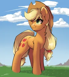 Size: 3600x4000 | Tagged: safe, artist:skitsniga, derpibooru import, applejack, earth pony, pony, cloud, eyebrows, eyebrows visible through hair, female, high res, image, mare, png, smiling, solo, wind