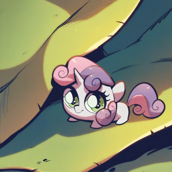 Size: 4096x4096 | Tagged: safe, ai content, derpibooru import, machine learning generated, sweetie belle, pony, unicorn, absurd resolution, big head, blank flank, closed mouth, cute, female, filly, foal, image, leaf, looking at you, micro, plant, png, pointy legs, simple background, smiling, smiling at you, smol, solo, tiny, upscaled