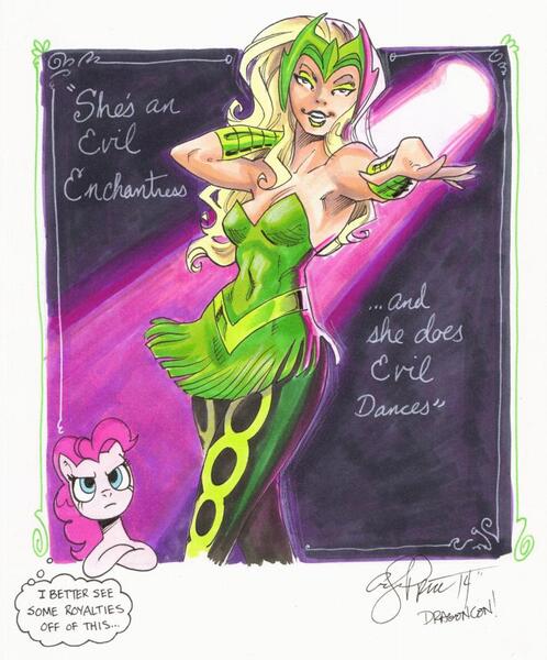 Size: 763x920 | Tagged: safe, artist:andypriceart, derpibooru import, pinkie pie, earth pony, human, pony, crossover, enchantress, female, g4, image, jpeg, mare, marvel comics, traditional art