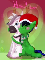 Size: 1500x2000 | Tagged: safe, alternate version, artist:ace play, derpibooru import, oc, oc:lupi, oc:snoopy stallion, unofficial characters only, earth pony, pony, unicorn, antlers, blushing, christmas, clothes, collar, duo, earth pony oc, female, glasses, hat, heart, holiday, horn, hug, image, jpeg, male, mare, oc x oc, reindeer antlers, santa hat, scarf, shipping, sitting, smiling, stallion, straight, unamused, unicorn oc