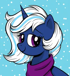 Size: 2716x2952 | Tagged: safe, artist:feather_bloom, derpibooru import, oc, oc:snowy smarty, pony, unicorn, clothes, comic style, commission, image, png, scarf, simple background, simple shading, snow, snowfall, solo