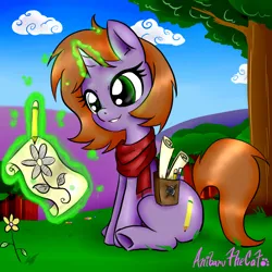 Size: 1500x1500 | Tagged: safe, artist:anibaruthecat, ponerpics import, oc, unofficial characters only, unicorn, background, brown mane, clothes, female, flower, green eyes, horn, image, jpeg, magic, pencil, scarf, scroll, sketching, smiling, solo, telekinesis, unicorn oc